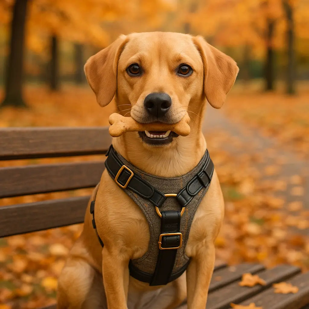 Perro sentado en un banco al aire libre