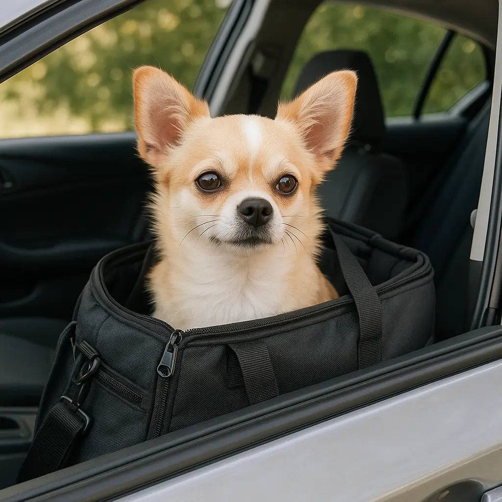 Perro pequeño dentro de un transportín en el coche